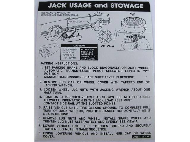 Decal, Jack Instructions, W/ Id Code *D9zb-Aa*, Repro