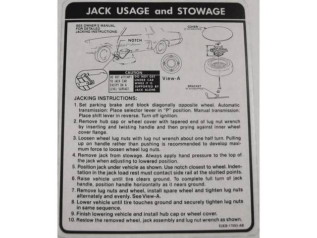 Decal, Jack Instructions, W/ Id Code *E2eb-Ab*, Repro