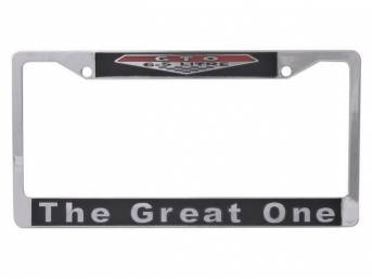 FRAME, License Plate, chrome frame w/ *The Great One* at the bottom and *GTO 6.5 Litre* logo at the top W/ black lettering and red background