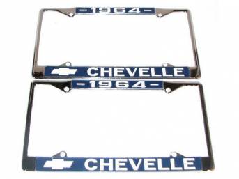 FRAME, License Plate, chrome frame w/ *1964* at the top and a Chevrolet Bowtie logo and *Chevelle* at the bottom in white lettering on a blue background