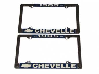 FRAME, License Plate, chrome frame w/ *1965* at the top and a Chevrolet Bowtie logo and *Chevelle* at the bottom in white lettering on a blue background