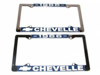 FRAME, License Plate, chrome frame w/ *1966* at the top and a Chevrolet Bowtie logo and *Chevelle* at the bottom in white lettering on a blue background