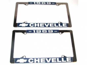 FRAME, License Plate, chrome frame w/ *1969* at the top and a Chevrolet Bowtie logo and *Chevelle* at the bottom in white lettering on a blue background
