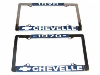 FRAME, License Plate, chrome frame w/ *1970* at the top and a Chevrolet Bowtie logo and *Chevelle* at the bottom in white lettering on a blue background
