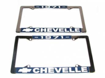 FRAME, License Plate, chrome frame w/ *1971* at the top and a Chevrolet Bowtie logo and *Chevelle* at the bottom in white lettering on a blue background