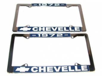 FRAME, License Plate, chrome frame w/ *1972* at the top and a Chevrolet Bowtie logo and *Chevelle* at the bottom in white lettering on a blue background