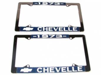 FRAME, License Plate, chrome frame w/ *1973* at the top and a Chevrolet Bowtie logo and *Chevelle* at the bottom in white lettering on a blue background