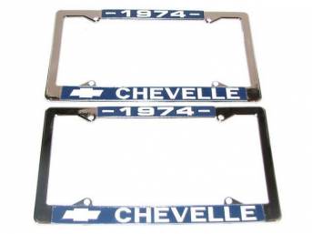 FRAME, License Plate, chrome frame w/ *1974* at the top and a Chevrolet Bowtie logo and *Chevelle* at the bottom in white lettering on a blue background