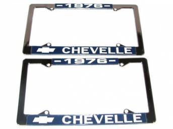 FRAME, License Plate, chrome frame w/ *1976* at the top and a Chevrolet Bowtie logo and *Chevelle* at the bottom in white lettering on a blue background