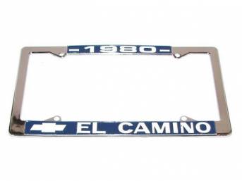 FRAME, License Plate, sold each, chrome frame w/ *1980* at the top and a Chevrolet Bowtie logo and *El Camino* at the bottom in white lettering on a blue background ** Due to the size of this frame it is no longer sold as a pair but now as each, Frame is 
