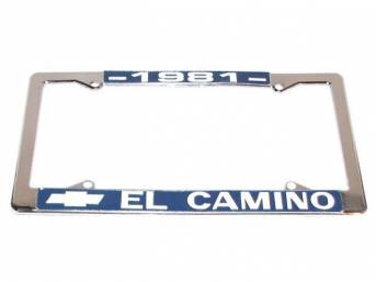 FRAME, License Plate, sold each, chrome frame w/ *1981* at the top and a Chevrolet Bowtie logo and *El Camino* at the bottom in white lettering on a blue background ** Due to the size of this frame it is no longer sold as a pair but now as each, Frame is 