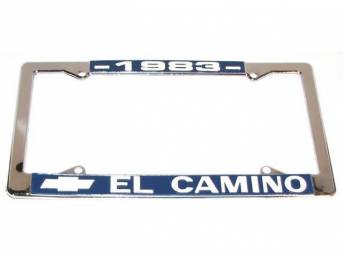 FRAME, License Plate, sold each, chrome frame w/ *1983* at the top and a Chevrolet Bowtie logo and *El Camino* at the bottom in white lettering on a blue background ** Due to the size of this frame it is no longer sold as a pair but now as each, Frame is 