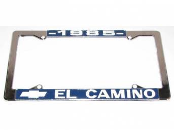 FRAME, License Plate, sold each, chrome frame w/ *1985* at the top and a Chevrolet Bowtie logo and *El Camino* at the bottom in white lettering on a blue background ** Due to the size of this frame it is no longer sold as a pair but now as each, Frame is 