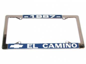 FRAME, License Plate, sold each, chrome frame w/ *1987* at the top and a Chevrolet Bowtie logo and *El Camino* at the bottom in white lettering on a blue background ** Due to the size of this frame it is no longer sold as a pair but now as each, Frame is 