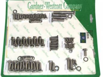 STAINLESS HARDWARE KIT, Engine, SBC w/ headers and steel valve covers, features hex cap polished stainless bolts w/ *Bowtie*, flat washers, Repro