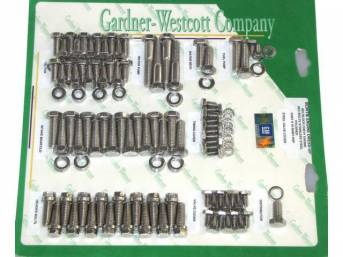 STAINLESS HARDWARE KIT, Engine, BBC w/ headers and steel valve covers, features hex cap polished stainless bolts w/ *Bowtie*, flat washers, Repro