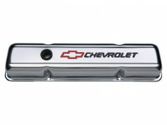 COVER SET, Valve, short profile (2 5/8 inch height) w/ oil baffles, chrome plated heavy-gauge steel w/ black *Chevrolet* lettering and red *Bowtie* logo, GM Licensed repro