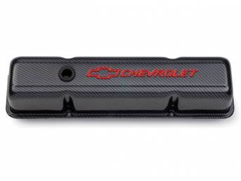 COVER SET, Valve, tall profile (3 5/8 inch height) w/ oil baffles, dark charcoal carbon fiber finished heavy-gauge steel w/ red *Chevrolet* lettering and *Bowtie* logo, GM Licensed repro