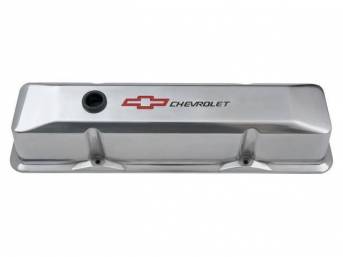 COVER SET, Valve, tall profile (3 5/8 inch height) w/ oil baffles, polished die-cast aluminum w/ recessed black *Chevrolet* lettering and red *Bowtie* logo, GM Licensed repro