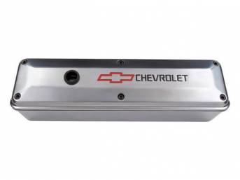 COVER SET, Valve, 2-pc design, tall profile (3 5/8 inch height) w/ removable oil baffles, polished aluminum w/ recessed black *Chevrolet* lettering and red *Bowtie* logo, allows valve train inspection while engine is running, GM Licensed repro