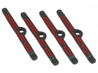 HOLD DOWN / SPREADER BAR, Valve Cover, black crinkle finish w/ recessed red *Bowtie* logo, GM Licensed repro, (4)