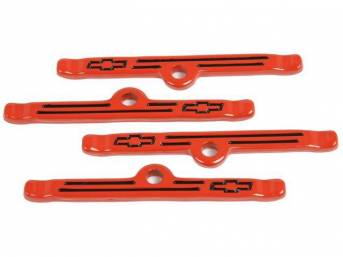 HOLD DOWN / SPREADER BAR, Valve Cover, orange painted finish w/ recessed black *Bowtie* logo, GM Licensed repro, (4)