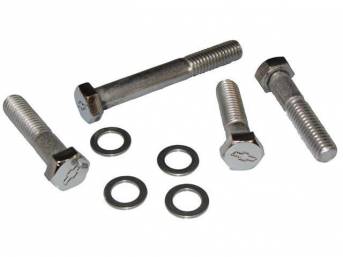 BOLT AND WASHER KIT, Water Pump, (8) incl hex cap polished stainless bolts w/ *Bowtie* (3 - 1.7 Inch Over All Length, 1 - 2.92 Inch Over All Length) and flat washers, Repro