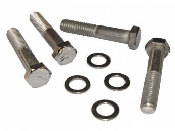 BOLT AND WASHER KIT, Water Pump, (8) incl hex cap polished stainless bolts w/ *Bowtie* (1.98 Inch Length, 2.18 Inch Over All Length W/ Hex Head) and flat washers, Repro
