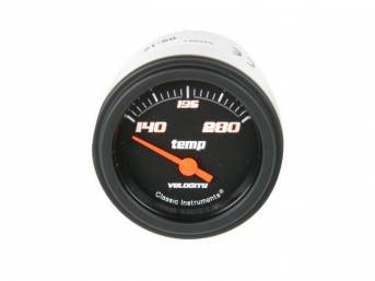 GAUGE, Coolant / Water Temperature, Classic Instruments, Velocity Black Series (gauge features orange pointer w/ orange outlined white markings on a black face), 2 1/8 inch diameter, 140-280 degree reading