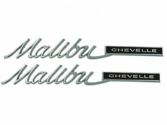 Emblem Set, Quarter Panel, *Malibu*, features excellent chrome quality, OE Correct US-Made Repro 