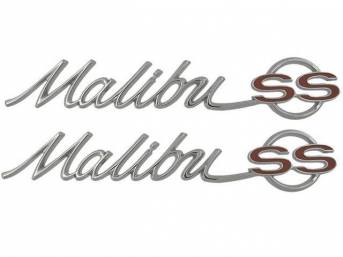 Emblem Set, Quarter Panel, *Malibu SS*, features correct red paint color and excellent chrome quality, OE Correct US-Made Repro 