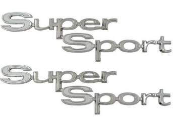 Emblem Set, Quarter Panel, *Super Sport*, features correct white paint color, betting tooling and excellent chrome quality, OE Correct US-Made Best Repro 
