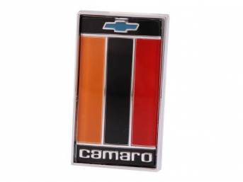 EMBLEM, DECK LID, ORANGE, BLACK AND RED TRI-BAR EMBLEM W/ A *BOWTIE* AT THE TOP AND *CAMARO* AT THE BOTTOM, US-made OE Correct Repro