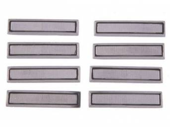 Front Door Trim Emblem / Medallion Set, black and silver finish, 8-pc kit, includes mounting clips, best quality reproduction