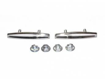 Front Door Trim Emblem / Medallion Set, silver finish, 2-pc kit, includes attaching nuts, great quality reproduction