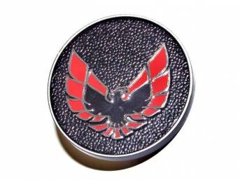 PLATE / EMBLEM, Front Door Trim Pad / Panel, *Bird*, red and black finish, correct Repro