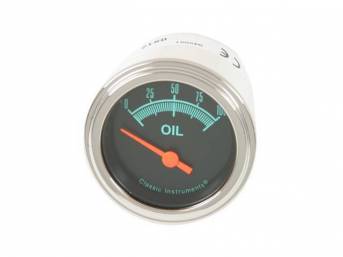GAUGE, Oil Pressure, Classic Instruments, G-Stock Series (gauge features orange pointer w/ green markings on a dark gray face), 2 1/8 inch diameter, 100 psi reading