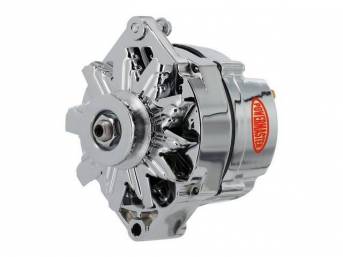 ALTERNATOR, New, Powermaster, Chrome Finish, 70 amp, 3 wire operation, GM 10DN case, external regulator, incl chrome single V-belt pulley and fan, straight mount 6.61 inch