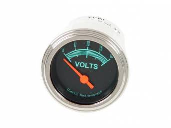 GAUGE, Electric Output / Volts, Classic Instruments, G-Stock Series (gauge features orange pointer w/ green markings on a dark gray face), 2 1/8 inch diameter, 8-18 volt reading