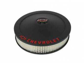 AIR CLEANER ASSY, Steel, Classic shape, 14 inch diameter x 3 inch height, Black crinkle finish, **CHEVROLET and Red Bowtie**, Incl paper filter, mounting hardware and wing nut, GM Licensed item, Repro