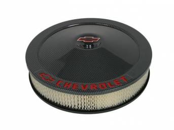 AIR CLEANER ASSY, Steel, Classic shape, 14 inch diameter x 3 inch height, Carbon style finish, **CHEVROLET and Red Bowtie**, Incl paper filter, mounting hardware and wing nut, GM Licensed item, Repro