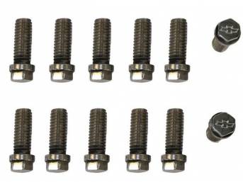 BOLT KIT, Header to Cyl Head, (12) incl hex cap polished stainless bolts w/ *Bowtie* (1 Inch Length, 1.3 Inch Over All Length W/ Hex Head), Repro