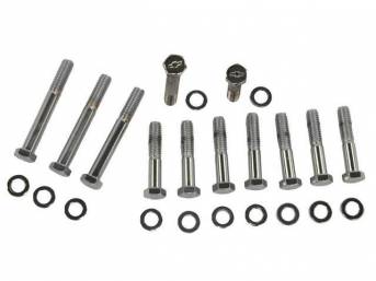 BOLT KIT, Exhaust Manifolds, (24) incl hex cap polished stainless bolts w/ *Bowtie* (8 - 2.15 Inches Over All Length, 4 - 3.15 Inches Over All Length) and washers, Repro