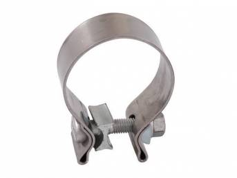 CLAMP, Band, 2 1/4 Inch diameter w/ 1 inch width, best used on exhaust tips w/ slotted slip fit, stainless construction, Pypes