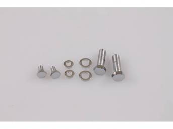 BOLT KIT, Fuel Pump, (8) incl hex cap chrome plated bolts (2 - 1/4 Inch-20 x 5/8 Inch Length, 2 - 3/8 Inch-16 x 1 1/2 Inch Length) and 4 flat washers, Repro