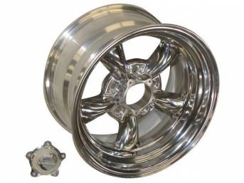 Wheel, Torq Thrust II, one piece Polished Alloy, 15 Inch O.D. X 8 Inch Width, 5 x 4 3/4 Inch Bolt Circle, 4 1/2 Inch Back Spacing, Incl Center Cap