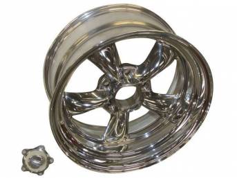 Wheel, Torq Thrust II, one piece Polished Alloy, 17 Inch O.D. X 8 Inch Width, 5 x 4 3/4 Inch Bolt Circle, 4 Inch Back Spacing, Incl Center Cap