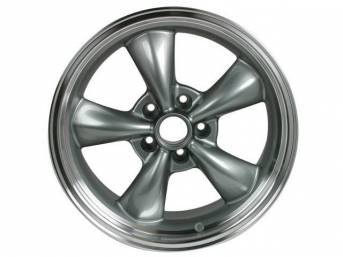 Wheel, Torq Thrust M, one-piece cast aluminum w/ Gun Metal center and machined lip, 17 Inch O.D. X 7 Inch Width, 5 x 4 3/4 Inch Bolt Circle, 4 Inch Back Spacing