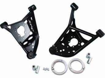 ARM SET, Steering Control, Tubular, Lower, SPC, Incl bushings, OE style ball joint and coil seat, These arms feature a rugged formed plate body, Lowers front end 3/4 inch, and adds 2 1/2 degrees positive caster, To complete your arm add an OEM style bump 
