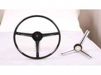 STEERING WHEEL, Dlx 3 Spoke, Black W/ Brushed Finish Insert, Contact, Center Cap and Hardware Sold Separately, Repro